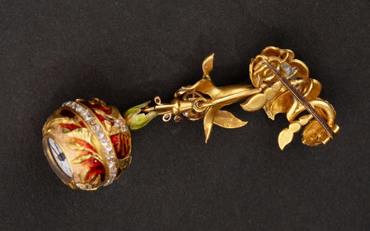 独角鹿西洋古董19世纪晚期瑞士出品黄金镶嵌钻石苹果主题珐琅表盘怀表及胸针 商品图3