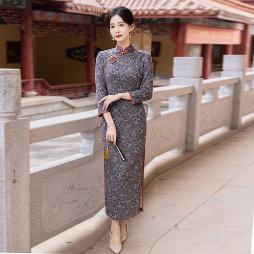 春季国风新中式长款苏州长袖旗袍改良年轻款女高级感复古旗袍60894 商品图3