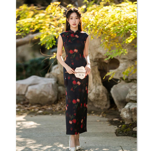 复古中国风长款无袖绫罗缎旗袍，改良新中式日常旗袍裙GX-202608 商品图0