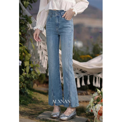 鹿向南「轻逸漫步」蓝色开叉微喇牛仔裤女春季小个子显瘦直筒长裤 商品图2