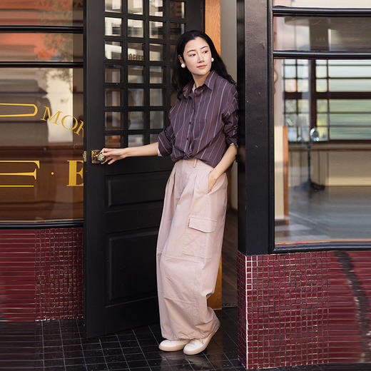 绽放053朵/沙感长绒棉盐缩条纹鱼骨设计长袖衬衫女春新款百搭上衣 商品图2