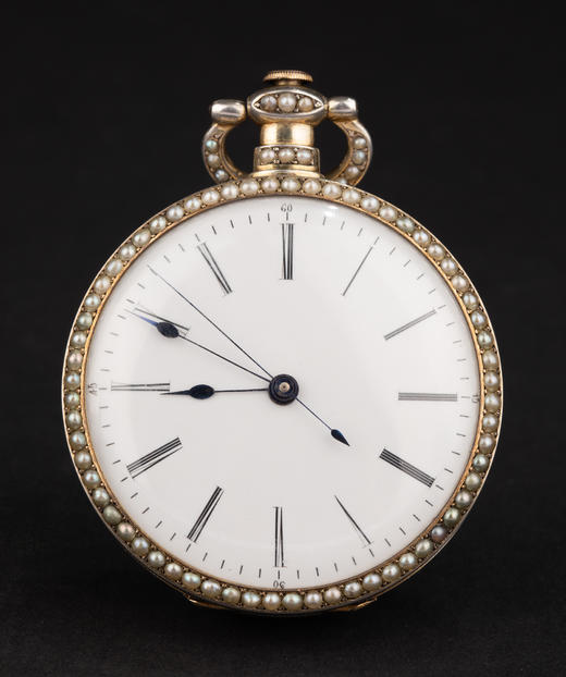 独角鹿西洋古董19世纪中期瑞士播威工坊出品银鎏金精雕装饰珐琅表盘镶嵌珍珠中央秒针跳秒擒纵怀表 商品图3