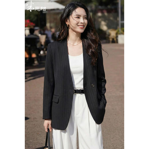 米思阳2026春季新款气质复古竖条纹西装v领一粒扣职场外套女0166 商品图0