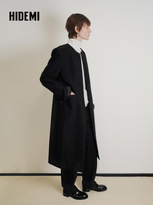 HIDEMI 绵羊毛设计感黑色简约圆领长款西装西服外套 商品图8