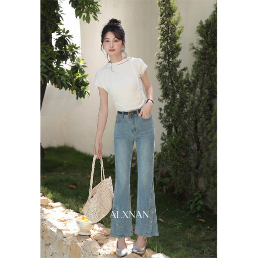 鹿向南「扣上心弦」蓝色微喇牛仔裤春季时尚设计感高腰紧身长裤女 商品图4