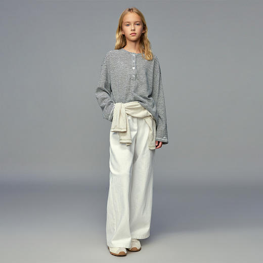 💕春3童装经典撞色条纹亨利领异形小鸟纽扣休闲宽松长袖T恤 商品图3