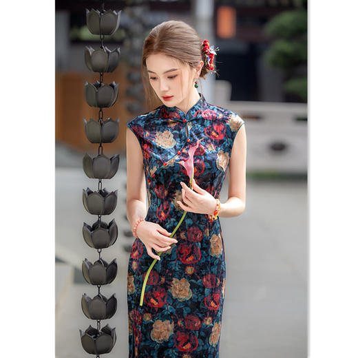 复古国风改良新中式长款，丝绒无袖绝美中式旗袍裙GX-12619 商品图1