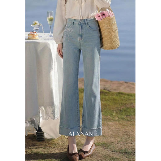 鹿向南「春野慢行」蓝色九分牛仔裤女春季韩系小个子高腰微喇裤子 商品图0