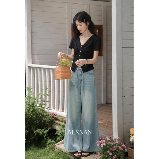 鹿向南「复古巴黎」蓝色阔腿牛仔裤女春季新款宽松高腰超好看长裤 商品图4