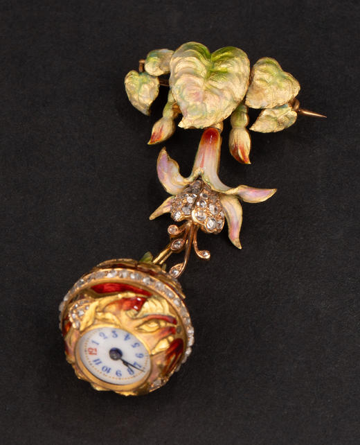 独角鹿西洋古董19世纪晚期瑞士出品黄金镶嵌钻石苹果主题珐琅表盘怀表及胸针 商品图1