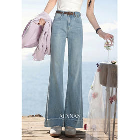 鹿向南「牛仔诗篇」蓝色微喇直筒牛仔裤女春季新款高腰显瘦长裤子