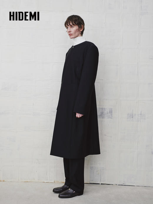 HIDEMI 绵羊毛设计感黑色简约圆领长款西装西服外套 商品图3