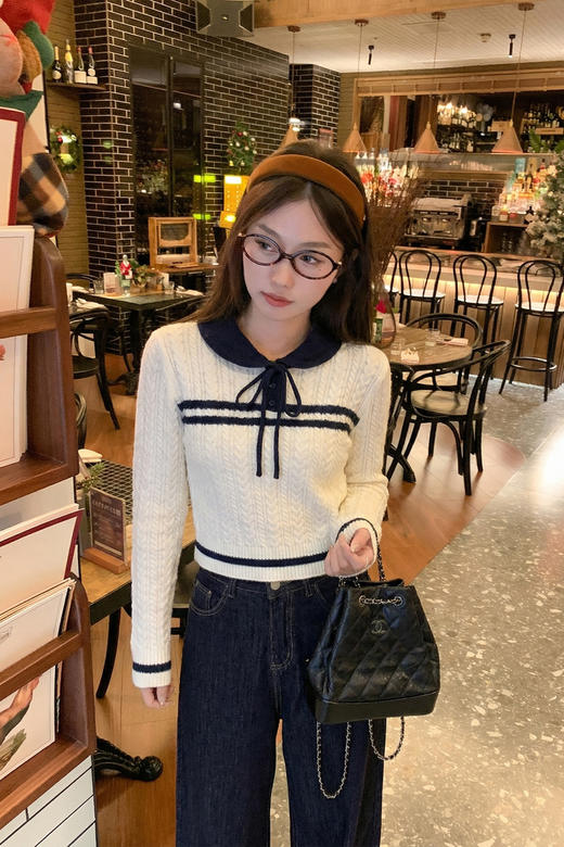 <曾小咸推荐>2.26现货秒杀 ！微信超特价！韩系杏色娃娃领短款针织衫 日常219.99 立减130 秒杀89.99！ 商品图5