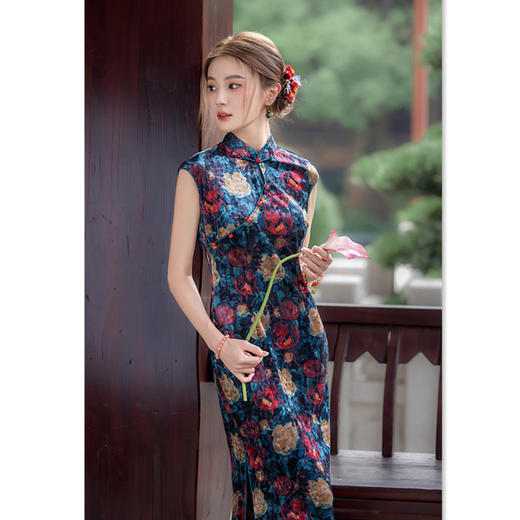 复古国风改良新中式长款，丝绒无袖绝美中式旗袍裙GX-12619 商品图3