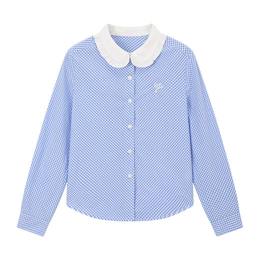 💕春3童装法式荷叶领蓝白格纹长袖衬衫 商品图4