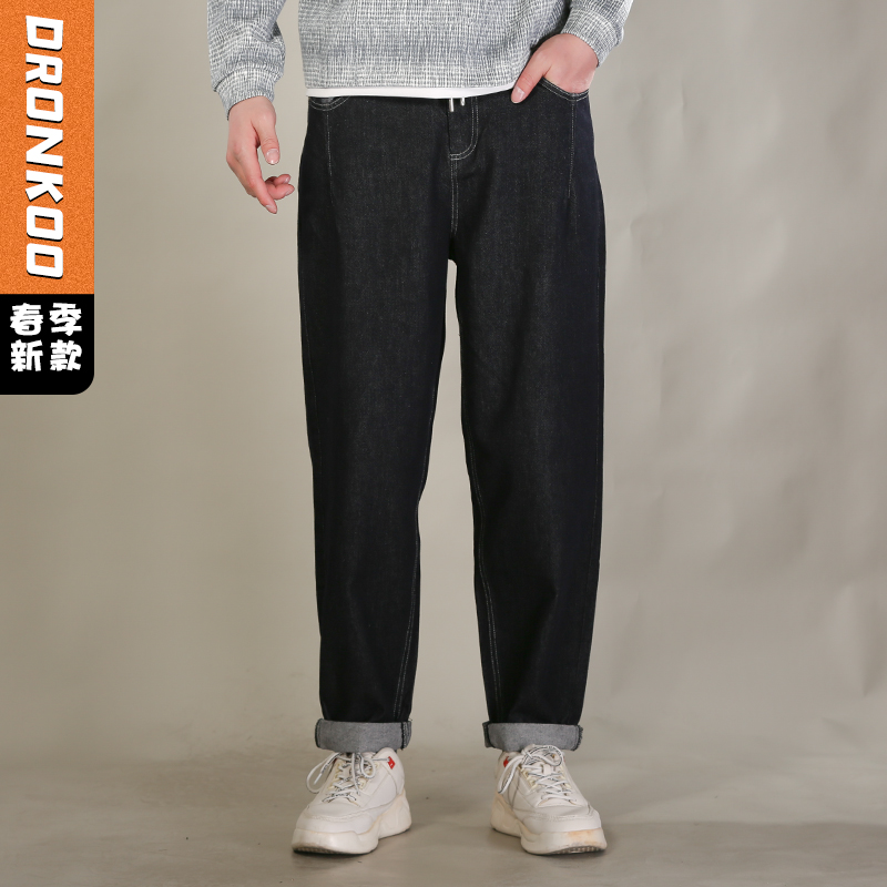 DRONKOO 2026 抽绳松紧腰表袋后口袋贴花色布中厚牛仔长裤