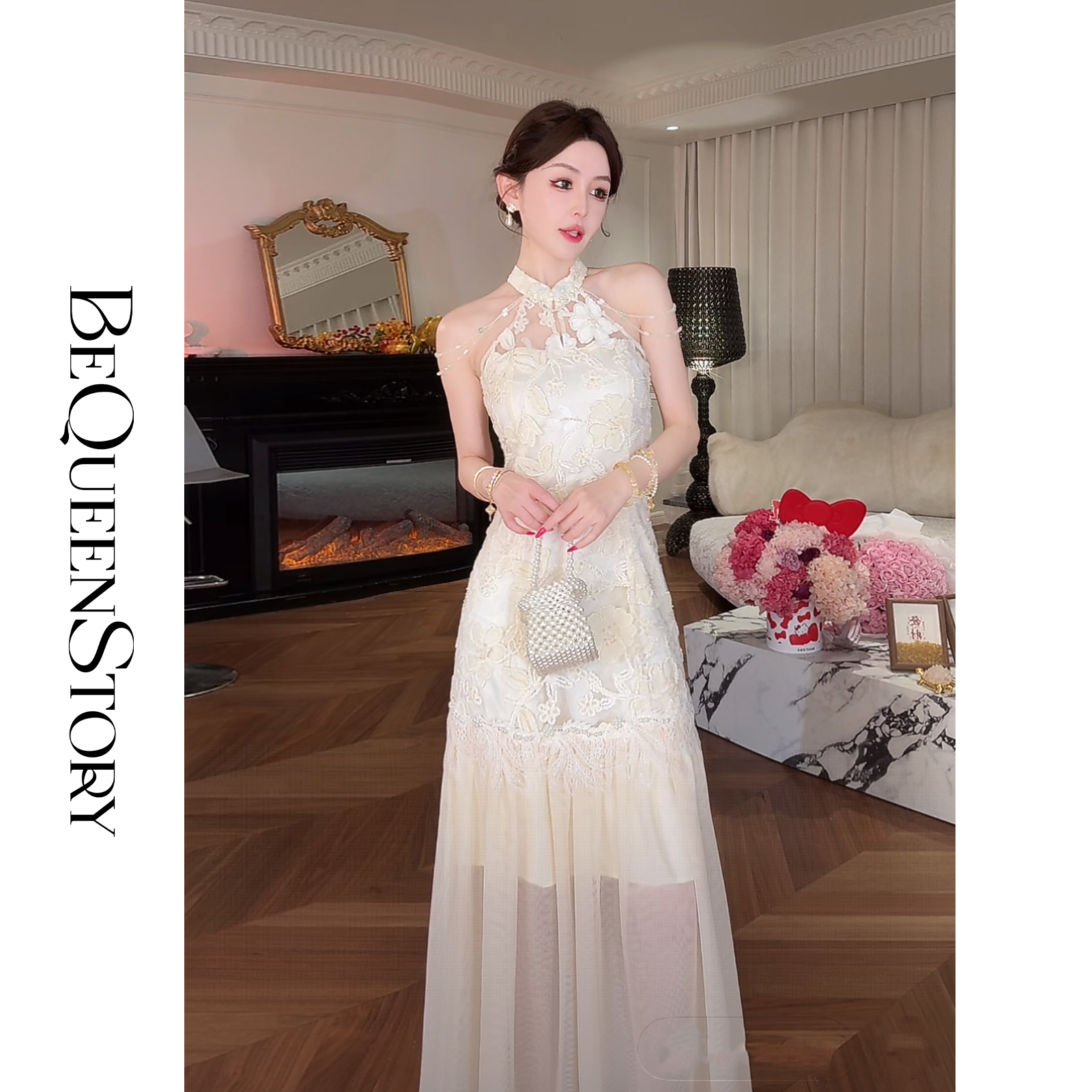 【孤品样衣，不退不换】【夏日舞会】重工精致高级新中式立体花朵挂脖露肩旗袍