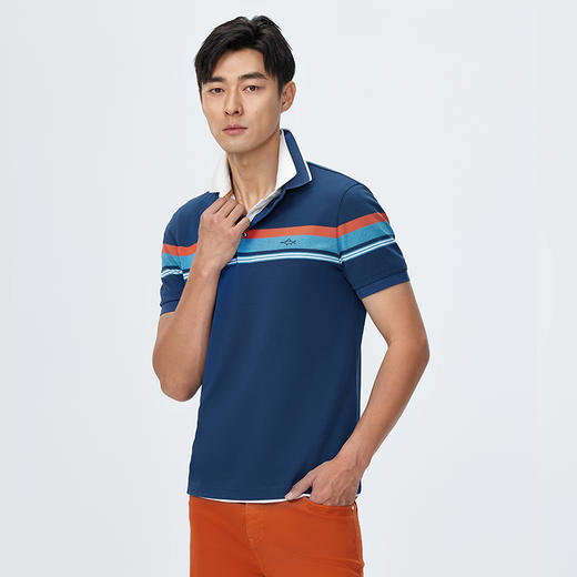 【桑蚕丝】德鲨夏季短袖条纹POLO衫男青年撞色休闲翻领t恤 商品图4