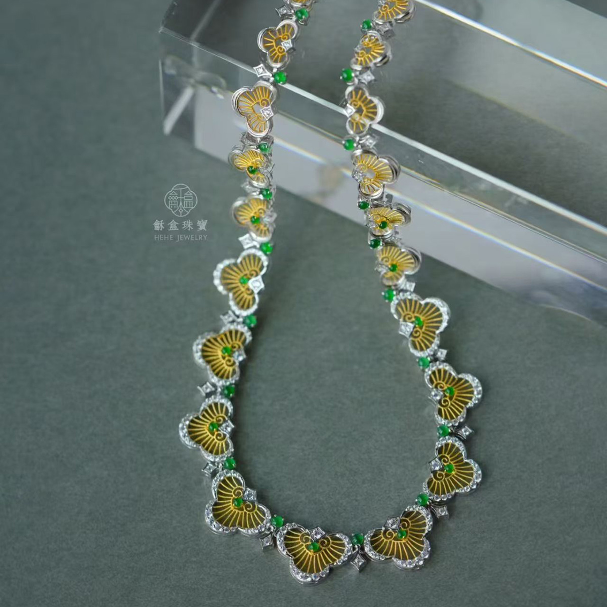 龢盒原创 银镶冰绿翡翠羽翼锁骨链