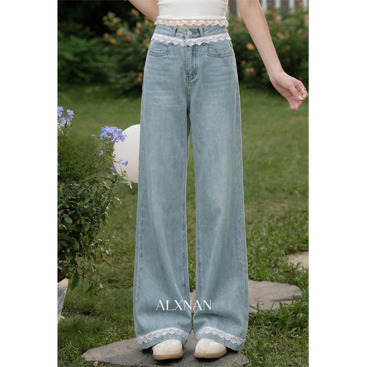 鹿向南「秋香胭脂」蓝色高腰牛仔裤女春季法式设计感阔腿直筒裤 商品图2