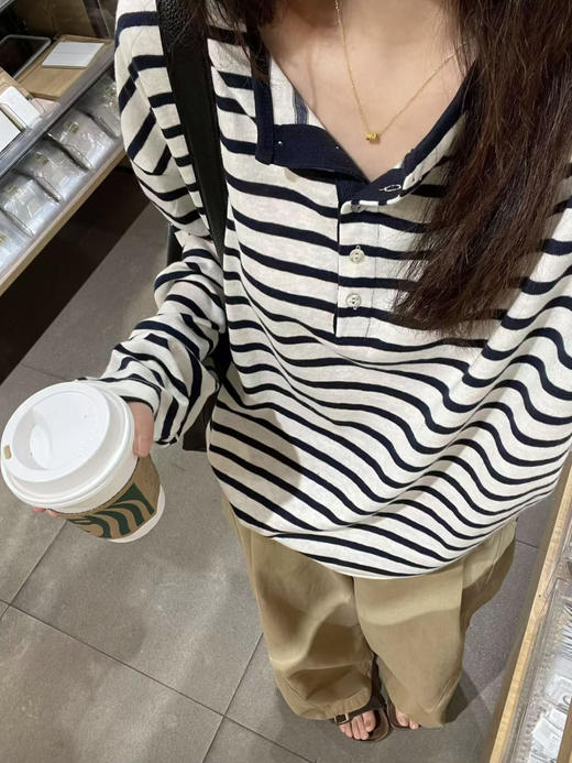 【宽松慵懒风条纹T恤】早春穿搭 韩系chic别致高级感松弛感长袖上衣  商品图0