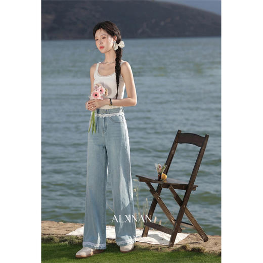 鹿向南「秋香胭脂」蓝色高腰牛仔裤女春季法式设计感阔腿直筒裤 商品图3