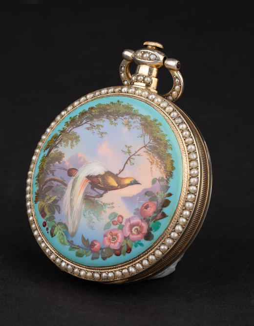 独角鹿西洋古董19世纪中期瑞士播威工坊出品银鎏金精雕装饰珐琅表盘镶嵌珍珠中央秒针跳秒擒纵怀表 商品图2