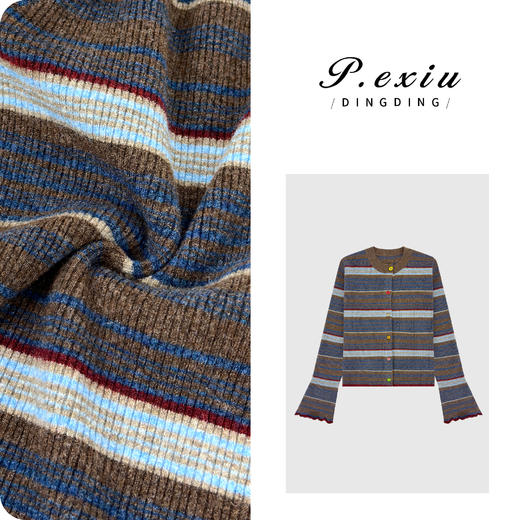 PanYiXiu/潘依绣撞色条纹减龄百搭圆领喇叭袖针织开衫 D445 商品图0