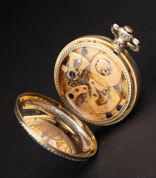 独角鹿西洋古董19世纪中期瑞士播威工坊出品银鎏金精雕装饰珐琅表盘镶嵌珍珠中央秒针跳秒擒纵怀表 商品图5