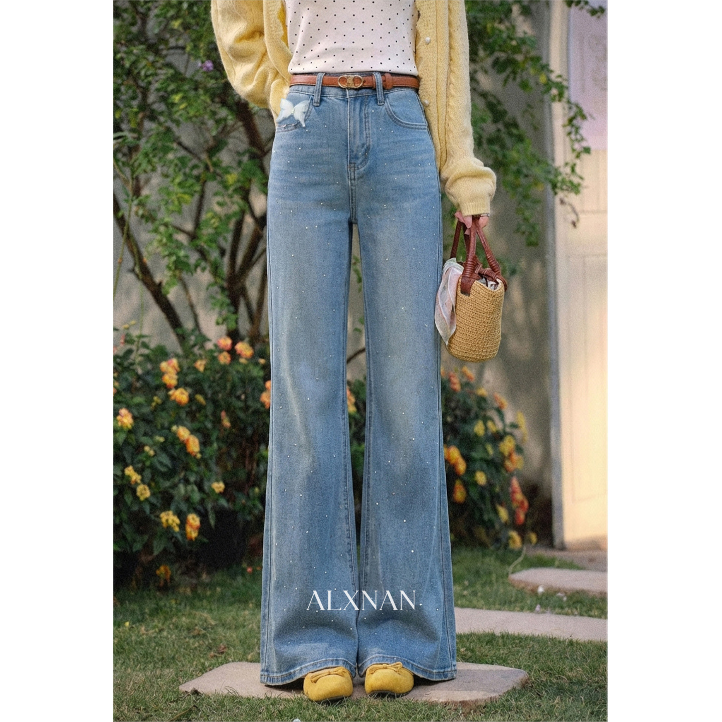 鹿向南「繁星点点」烫钻蓝色直筒牛仔裤春季款时尚百搭修身长裤女