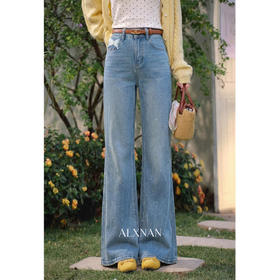 鹿向南「繁星点点」烫钻蓝色直筒牛仔裤春季款时尚百搭修身长裤女