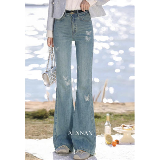 鹿向南「雾蓝蝶影」蓝色蝴蝶结刺绣微喇牛仔裤女春季显瘦直筒长裤 商品图2