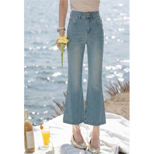 鹿向南「蓝水云烟」法式蓝色牛仔长裤春季款紧身休闲微喇九分裤女 商品图2