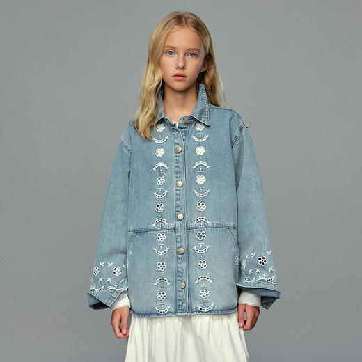 💕春3童装水洗镂空绣花法式牛仔衬衫外套 商品图4