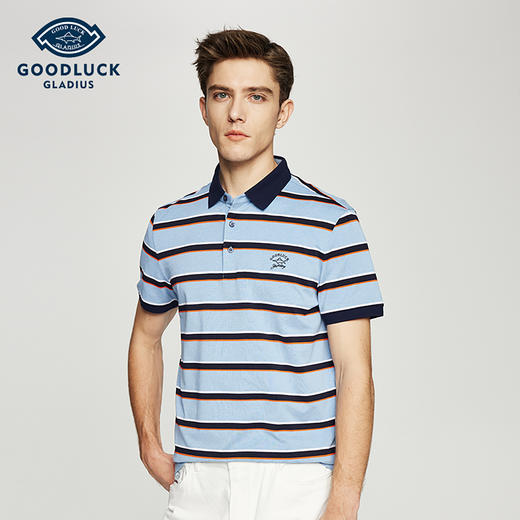 【桑蚕丝】德鲨条纹短袖POLO衫男青年时尚撞色翻领上衣T恤 商品图0