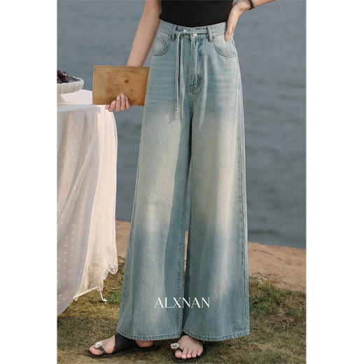 鹿向南「复古巴黎」蓝色阔腿牛仔裤女春季新款宽松高腰超好看长裤 商品图2