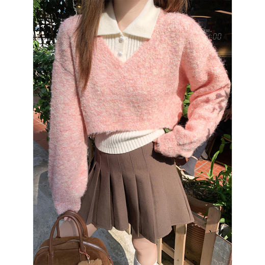 <曾小咸推荐>2.27现货秒杀 ！微信超特价！韩系粉色polo领短款针织衫两件套 日常229.99 立减130 秒杀99.99！ 商品图2