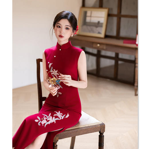 港风红色无袖新中式复古旗袍，仿醋酸绣花婚宴旗袍GX-276018 商品图2