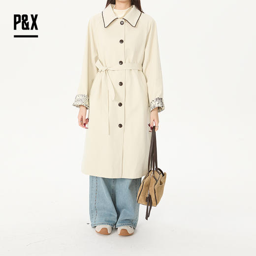 P&X设计师女装2026春季宽松复古花纹长款风衣 826119080 杏色 商品图4