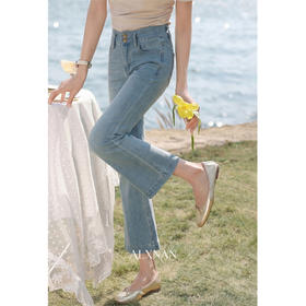 鹿向南「蓝水云烟」法式蓝色牛仔长裤春季款紧身休闲微喇九分裤女