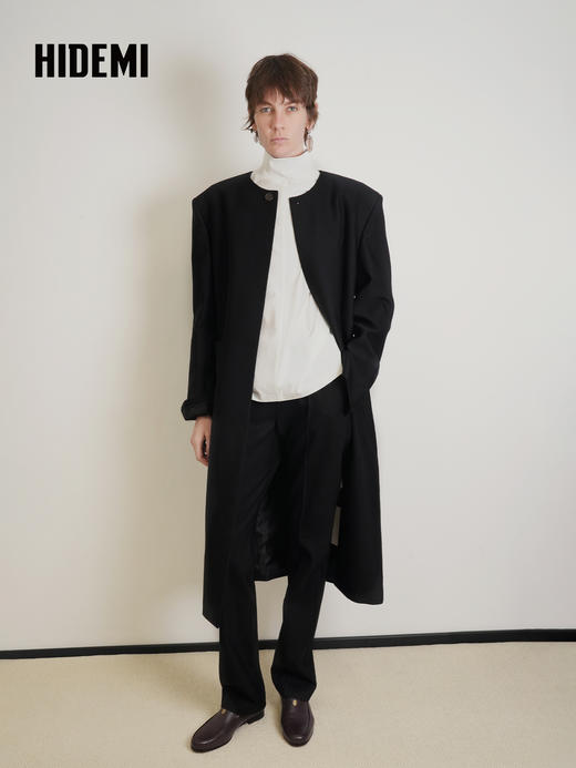 HIDEMI 绵羊毛设计感黑色简约圆领长款西装西服外套 商品图7