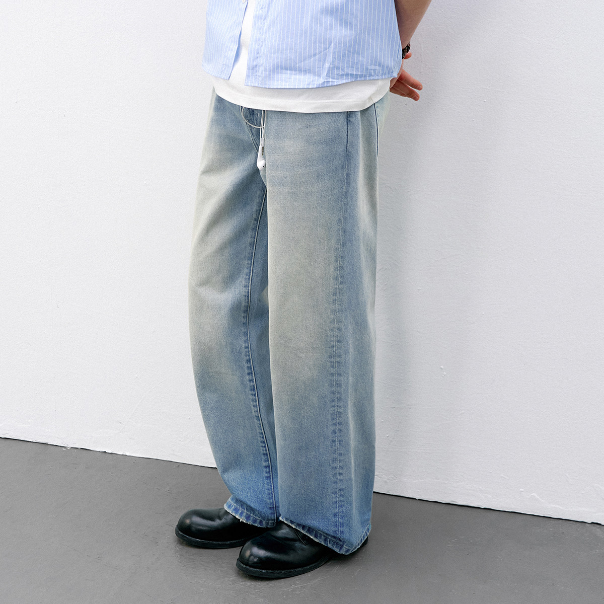 714street竹节纹渐变水洗直筒牛仔裤2026春季微宽松长裤男女同款