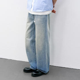 714street竹节纹渐变水洗直筒牛仔裤2026春季微宽松长裤男女同款