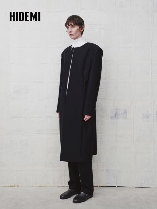 HIDEMI 绵羊毛设计感黑色简约圆领长款西装西服外套 商品图2