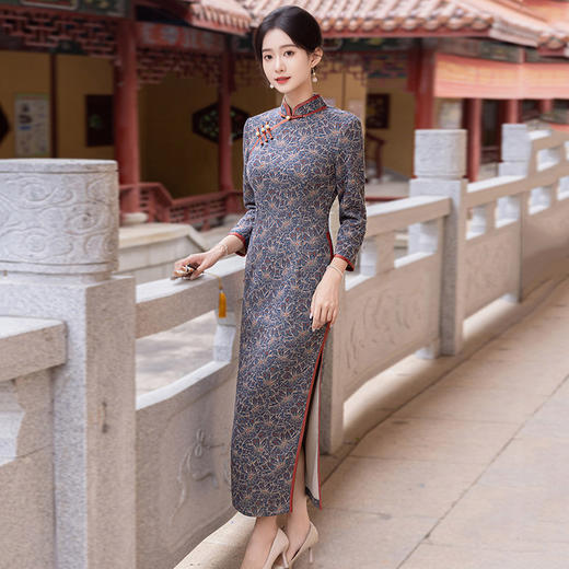 春季国风新中式长款苏州长袖旗袍改良年轻款女高级感复古旗袍60894 商品图1