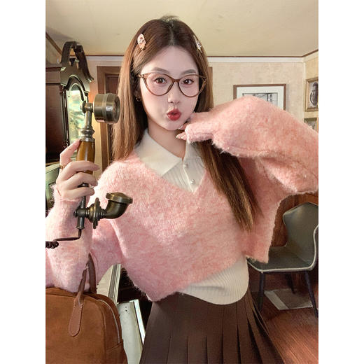 <曾小咸推荐>2.27现货秒杀 ！微信超特价！韩系粉色polo领短款针织衫两件套 日常229.99 立减130 秒杀99.99！ 商品图1