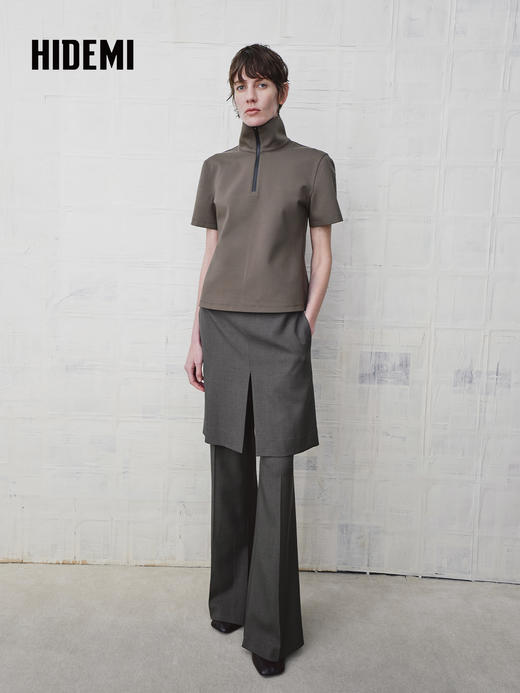 HIDEMI 极简修身立领半开襟拉链短袖上衣 商品图2