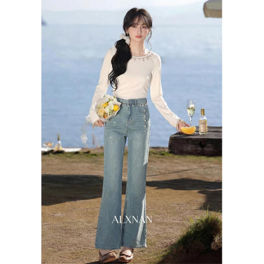 鹿向南「星河无岸」蓝色微喇牛仔裤春季新款时尚设计感休闲长裤女 商品图3