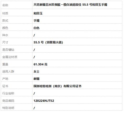 【天然正品】天然新疆且末料细腻一级白油润度佳55.5号和田玉手镯55.5号（皆取最大值）120226NJT52 商品图7