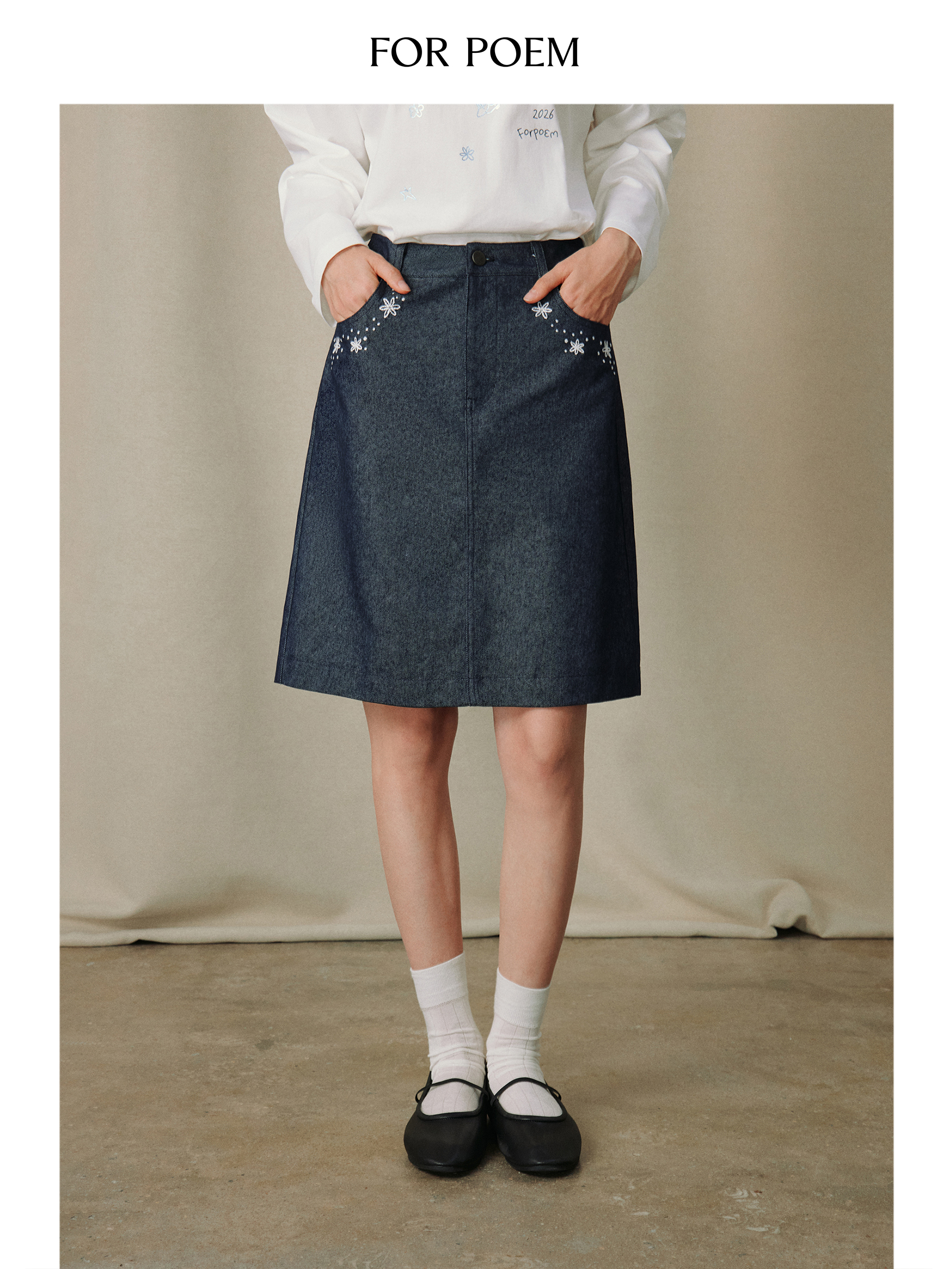 ForPoem 26/SS 原创设计口袋绣花牛仔半裙
